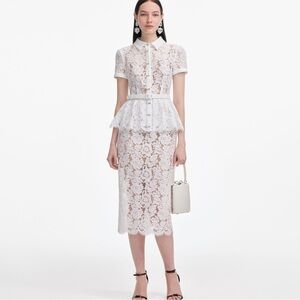 Self-Portrait NWOT WHITE LACE PEPLUM MIDI DRESS